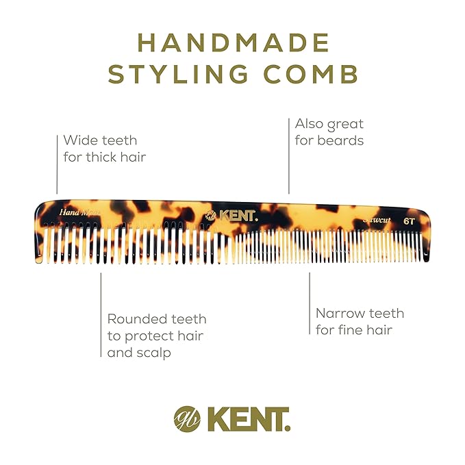 Kent 6T TY Fine Tooth and Wide Tooth Hair Comb, Handmade Styling Comb for Hair Care, Barber Combs, Beard Combs For Men, Styling Grooming for Men, Women and Kids