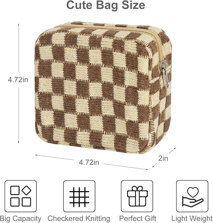 Sanitary Napkin Storage Bag, Menstrual Pad Zipper Bag Checkered Portable Period Bag Panty Liners, Tampon Storage Pouch for Women Ladies Daily Use Storage Purse Travel