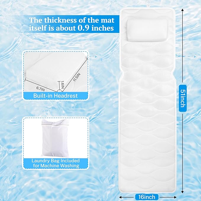 Bath Pillow for Tub with Laundry Bag & 17 Non-Slip Suction Cups, Extra Thick and Soft Bathtub Pillow for Head, Neck & Shoulder Support, 51" x 16" White