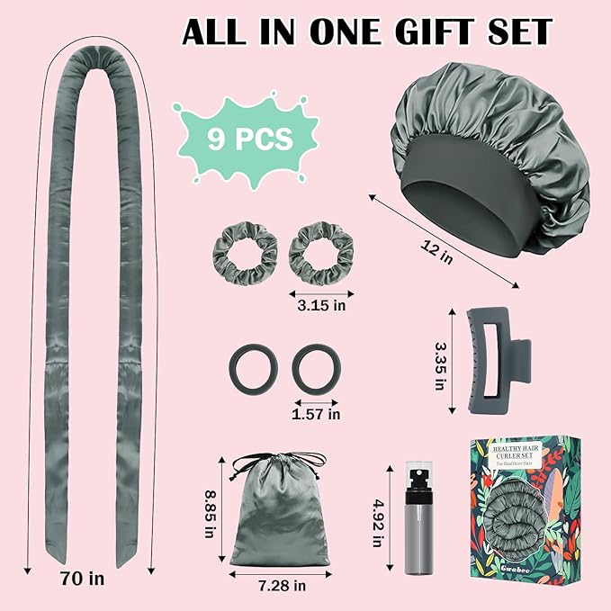 Satin Heatless Curls Overnight Hair Curlers to Sleep In Hair Curler Rollers No Heat Hair Wrap for Curls Headband, 70" Satin Heatless Curling Rod Set for Women Long Waves Hair Volume -Grey 9 PCS