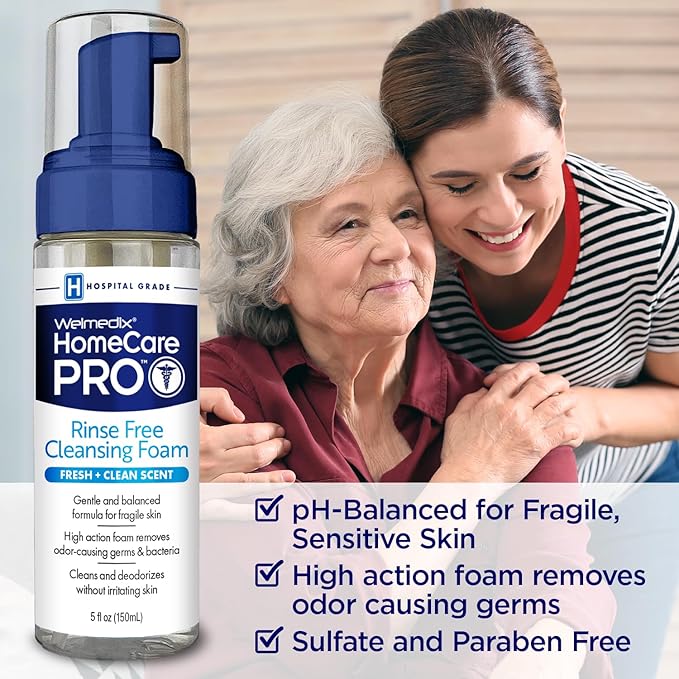 Welmedix HomeCare PRO No Rinse Body Wash Cleansing Foam, easier cleansing for caregivers managing incontinence, pressure ulcers, bedsores + use with adult wipes, disposable washcloth (5oz)