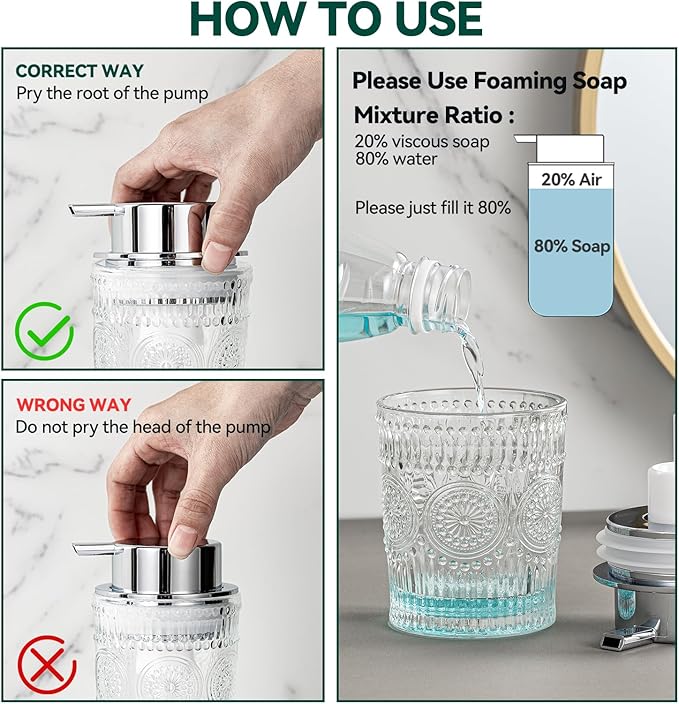 Glass Foaming Soap Dispenser - Foam Hand Soap Dispenser Bathroom, 10 OZ Clear Refillable Liquid Dispenser for Kitchen Dish Dispenser Foam Pump Silver