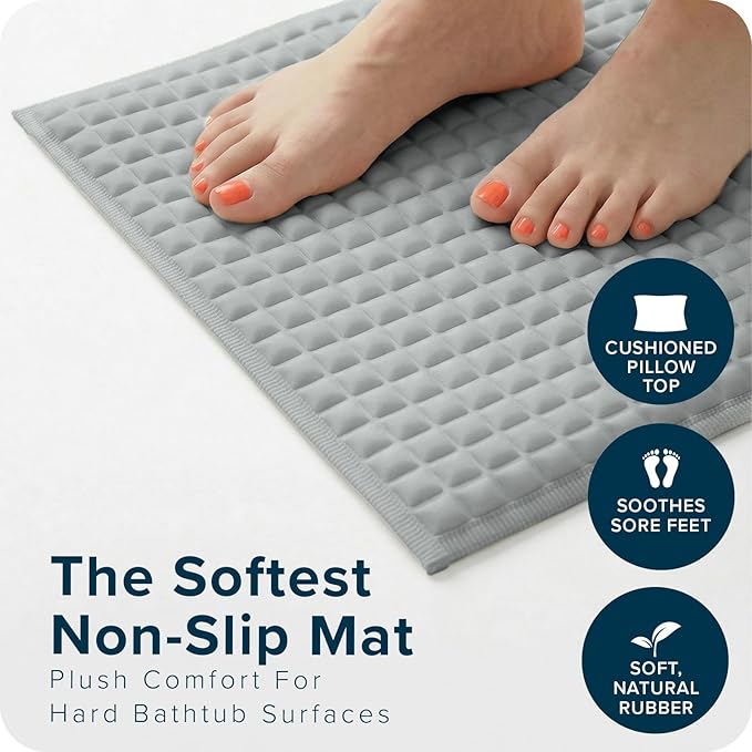 SlipX Solutions Pillow Top Cushioned Bath Mat, Non Slip Comfort Underfoot, 700 Air-Filled Pillows, Soft Shower Mat, Strong Suction Cups, Gray