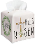 Botanical & Cross Design Tissue Box Cover - He Is Risen & Rejoice PU Leather Waterproof Tissue Holder - Easter Facial Paper Organizer for Home Bathroom Office -Desk Easter Decorative Dispenser Box-B06