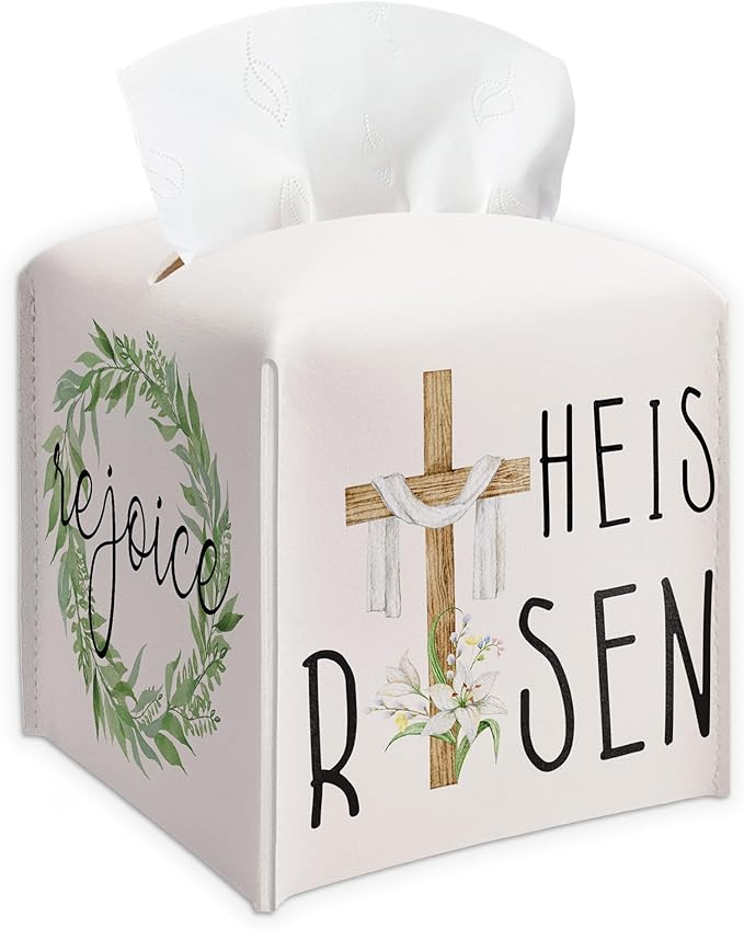 Botanical & Cross Design Tissue Box Cover - He Is Risen & Rejoice PU Leather Waterproof Tissue Holder - Easter Facial Paper Organizer for Home Bathroom Office -Desk Easter Decorative Dispenser Box-B06