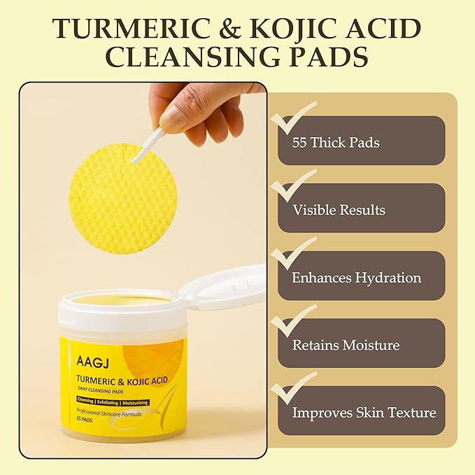 Turmeric Kojic Acid Cleansing Pads,Turmeric Exfoliating Face Scrub Pads, Remove Excess Keratin, Smooth Skin, Deep Cleansing Facial Pad for All Skin Types, 55 Pcs