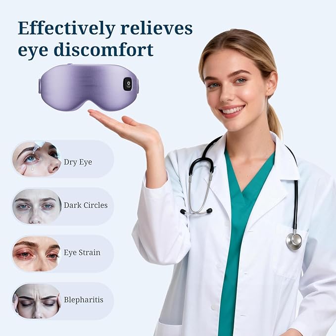 100% Silk Wireless Heated Eye Mask with Cooling - 3 Heat Settings, for Dry Eyes, Puffiness & Dark Circles - Adjustable, Washable, Travel-Friendly (Purple).