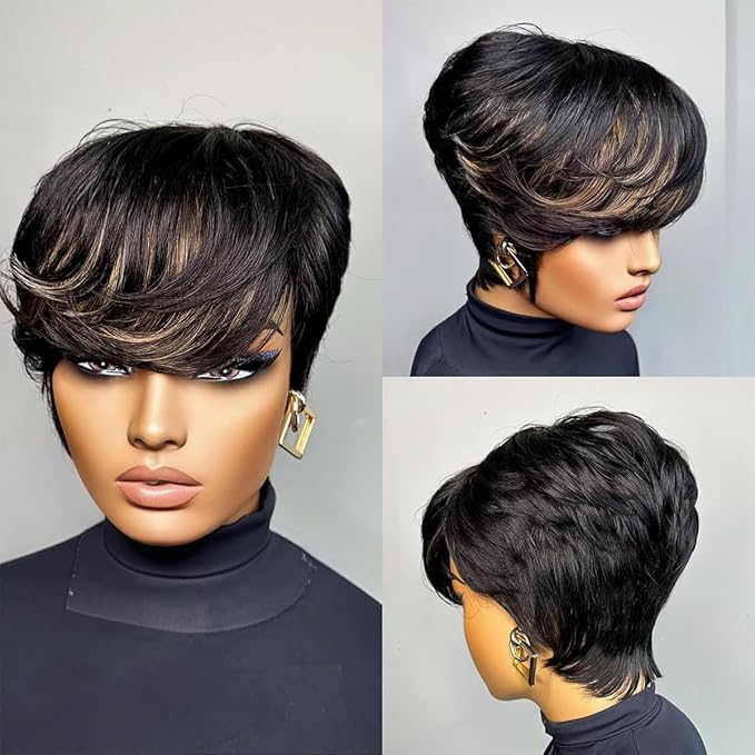 Adette Basic Pixie Cut Wig Straight Style - 1B/27 Blonde Highlight 180% Density Brazilian Virgin Human Hair with Rose Net Cap, Glueless Machine Made for African American Women, Cosplay & Daily Wear