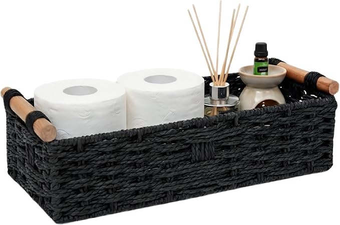 Back of Toilet Basket, Black Wicker Toilet Tank Basket for Toilet Paper Storage, Basket for Toilet Tank Top, Narrow Bathroom Organizer for Wipes & Essentials