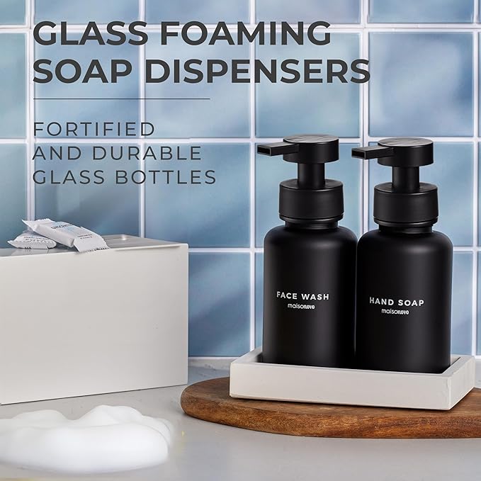MaisoNovo Glass Foaming Soap Dispenser 14 Oz | Black Glass Black Pumps + Ceramic Tray