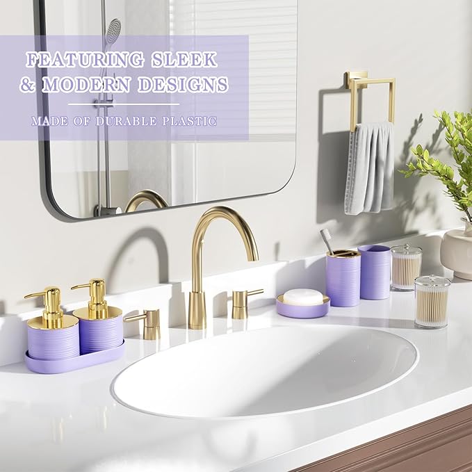 Bathroom Set - Bathroom Sets with Shower Curtain and Rugs, 25PC Bathroom Accessory Set, Purple Bathroom Accessories Set with Trash Can, Soap Dispensers