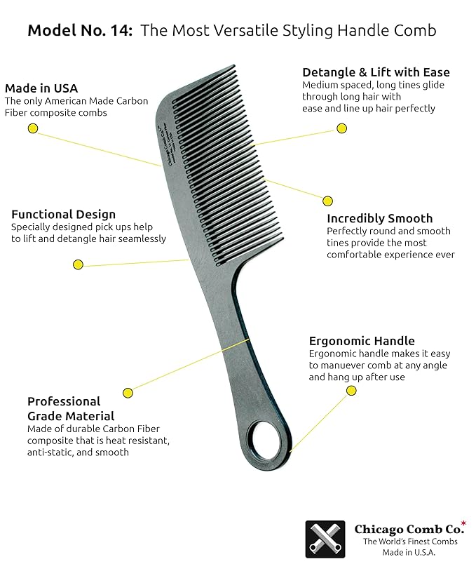 Chicago Comb Model 14 Carbon Fiber, Made in USA, Anti-static, Detangling, Styling & Shower comb, 8.4 inches (21 cm) long