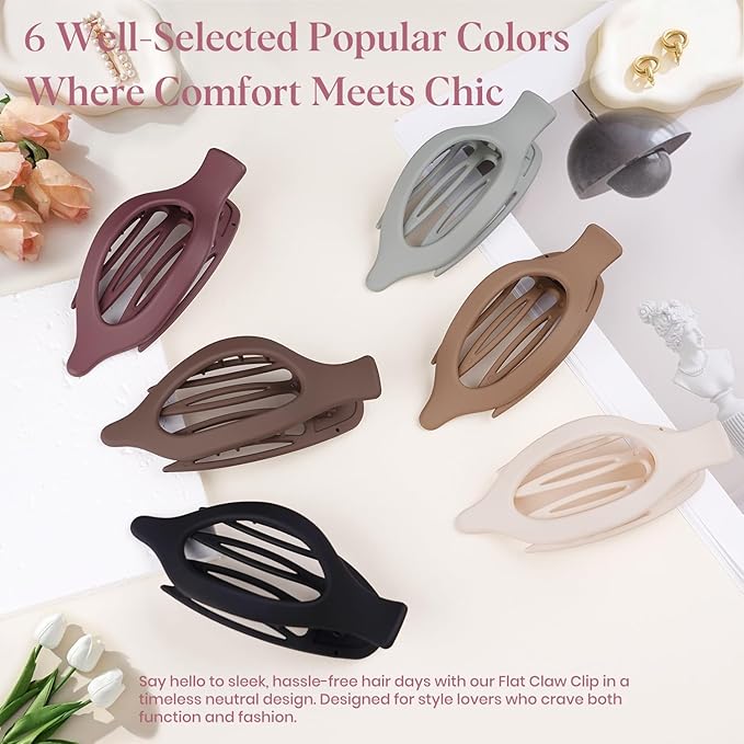 6 PCS Large Flat Hair Clips for Women, French Concord Lay Down Flat Claw Clips for Thick Thin Hair, Comfortable Curved Flat Hair Clip, Matte Non-slip Strong Hold Hair Accessories, Chic Colors