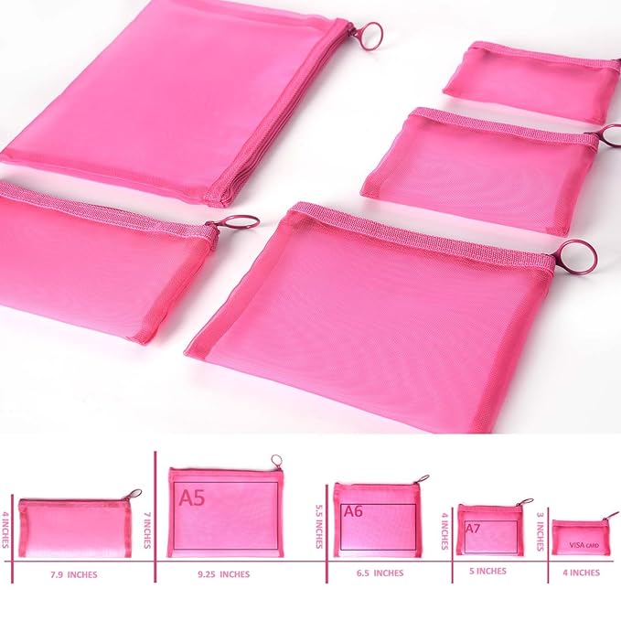 patu Zipper Mesh Bags, Pack of 5 (XS/S/M/L & Long Pouch), Beauty Makeup Cosmetic Accessories Organizer, Travel Toiletry Kit Set Storage Case, Pink