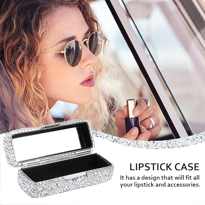 Rhinestone Lipstick Case with Mirror Bling Crystal Lipstick Case Diamonds Makeup Cosmetic Storage Box Holder for Purse(COLOR:White)