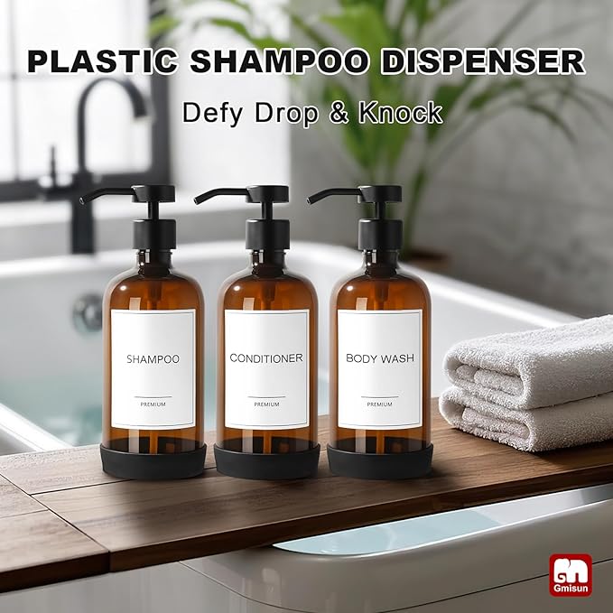 GMISUN Plastic Shampoo and Conditioner Dispenser with Silicone Sleeves, 21 oz Amber Shower Soap Dispenser Bottles with Labels, Refillable Shampoo Conditioner Body Wash Dispensers Set of 3