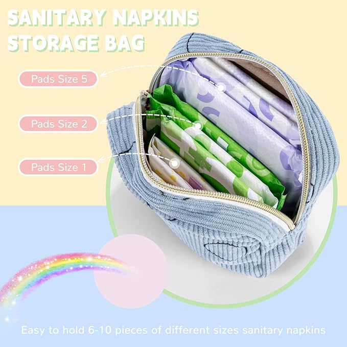 Period Bag for Teen Girls Shark Week Pouch Corduroy Portable Sanitary Pad Bags for Period Teen Period Pads Pouch for Panty Liners, Tampons, Menstrual Cup - Beige
