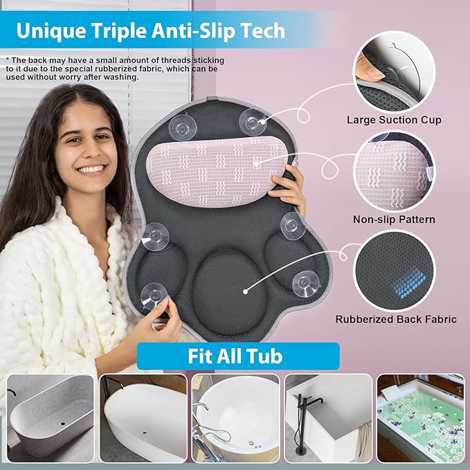 Bath Pillows for Tub Neck and Back Support - Upgraded Non-Slip Rubber Backing & 6 Suction Cups, 4D Air Mesh Spa Bathtub Cushion for Head Rest, Machine Washable with Laundry Bag & Hook (Gray)