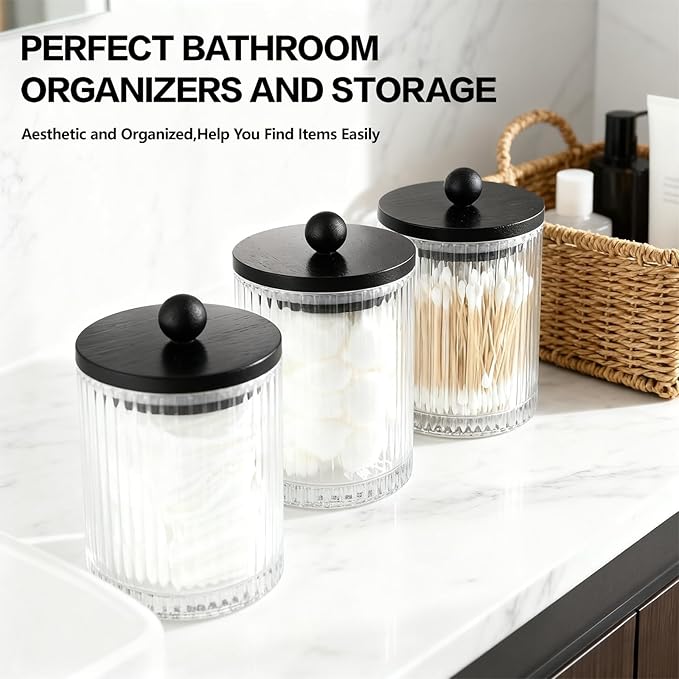 3 Pack Qtip Holder Bathroom Set,Cotton Pad Ball Swab Holder Cotton Round Floss Pick Dispenser with Tray,Glass Apothecary Jars with Black Lids,Bathroom Organizers and Storage Canisters