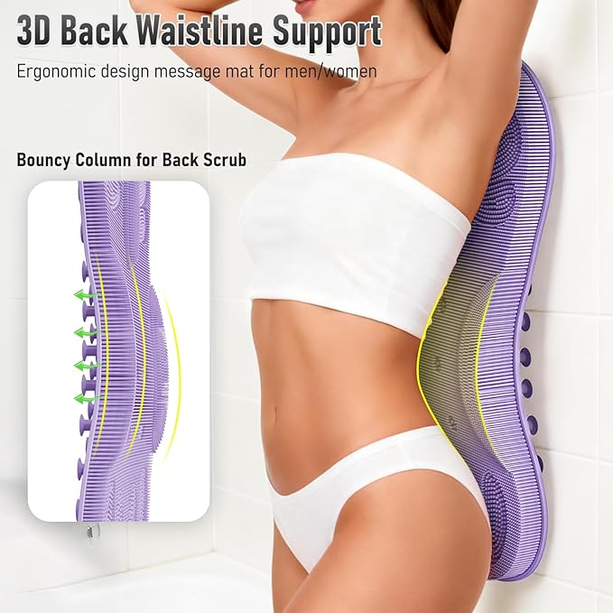 Back Scrubber Body Bath Cushion for Tub Bathtub with Back Lumbar Ergonomic Support, Silicone Extra Large Thick Soft Seat Pad Non-Slip Suction Cups, Relaxing Spa Exfloating Scrubber Mat Purple