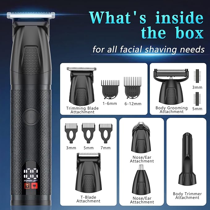 Beard Trimmer for Men 6 in 1 Cordless Waterproof Electric Hair Clippers Mustache Body Face Trimmer All in One Grooming Kit with LED Display USB Rechargeable