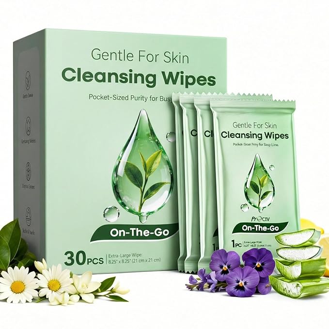 Green Tea Facial Cleansing Wipes, Extra Large No Rinse Cleansing Cloths for Body, Gentle Cleanse, Soothe & Hydrate, Travel Essentials & Disposable for Post Workout Cleanup & Elderly Hygiene, 30 Count