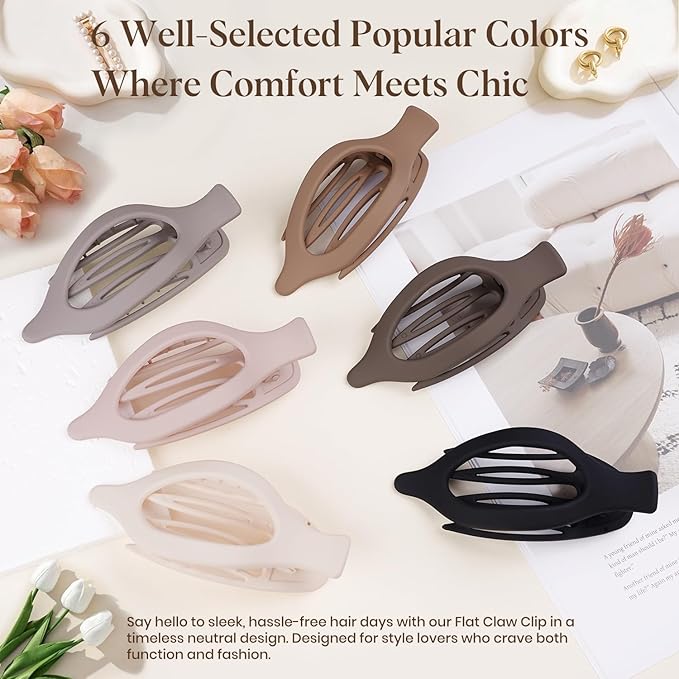 6 PCS Large Flat Hair Clips for Women Girls, French Concord Lay Down Flat Claw Clips for Thick Thin Hair, Comfortable Curved Hair Clip, Matte Non-slip Strong Hold Hair Accessories, Neutral