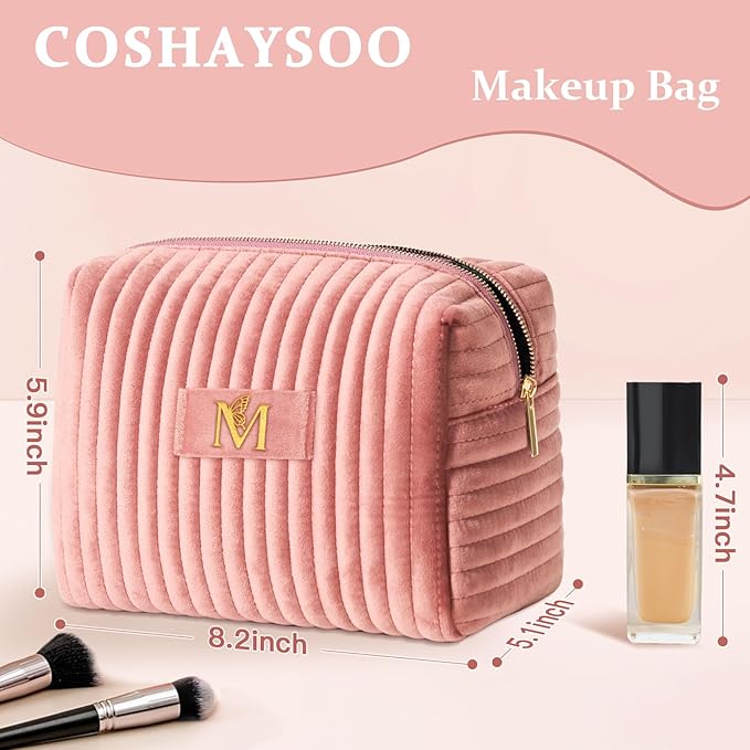 COSHAYSOO Personalized 16th 18th 21st Birthday Valentines Gifts for Women Teens Travel Makeup Bag Make Up Cosmetic Pouch 16 17 18 19 20 21 Year Old Girl College Dorm Essentials Pink Initial Letter M