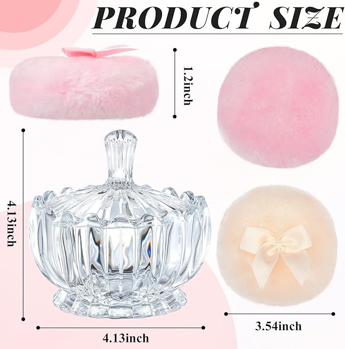Tioncy 3 Pcs Large Body Powder Puff and Container Powder Container with Puff Powder Puff Crystal Container Soft Washable Reusable Velour Face Body Glitter Powder Puff Wet Dry Makeup(Clear,Cute)