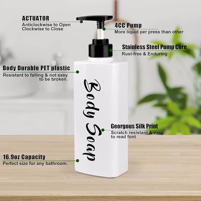 16.9oz Shampoo Conditioner Body Wash Dispenser for Shower, Refillable Printed Soap Bottles with Pump, Empty Plastic Bathroom Dispenser Set for Shampoo, Conditioner & Soap (White, 3 Pack)