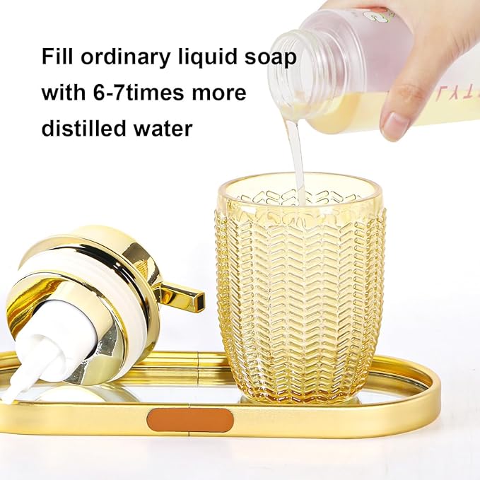 Foaming Soap Dispenser, Glass Foam Hand Soap Dispenser with Pump, 10 Oz Bathroom Refillable Liquid Lotion Pump Creamy Foam Bottle Container for Kitchen Countertop Decor (1, Amber and Gold)