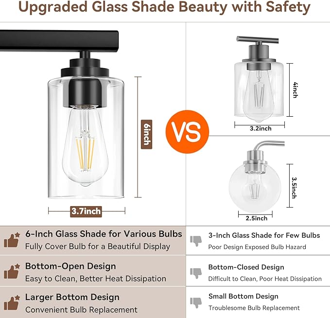 6-Light Bathroom Light Fixtures, 38" Modern Vanity Lights Over Mirror with Clear Glass Shades, Matte Black Light Fixture, Classic Wall Light Fixture for Mirror Living Room Cabinet Bedroom Porch