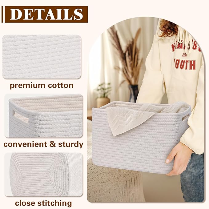 Storage Baskets for Organizing, 4 Pack Baskets for Shelves, Decorative Storage Bins for Shelves, Cotton Rope Storage Basket with Handles, Woven Basket for Storage, 13''Lx8.7''Wx7.9''H, White