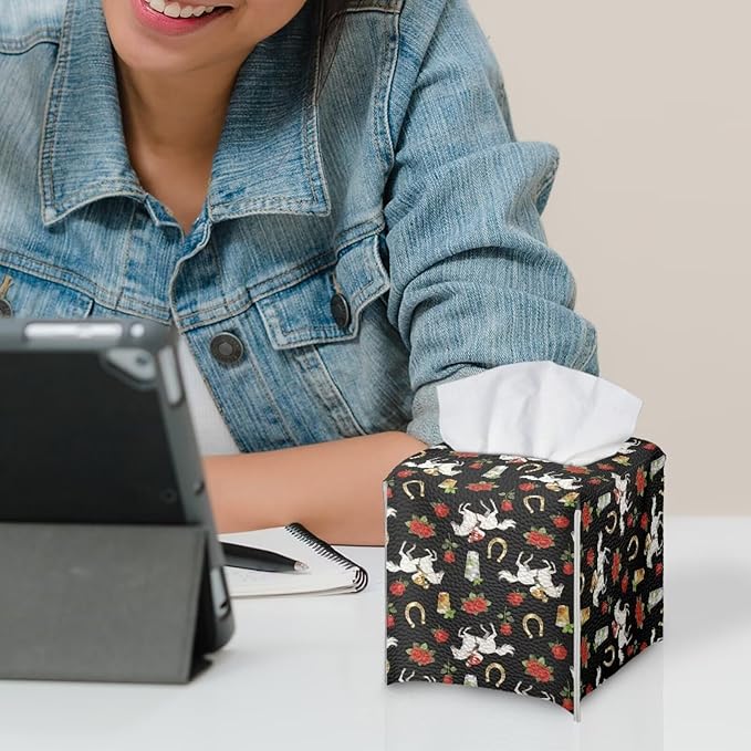 Rose Racing Horse Decorative Tissue Box Cover, Waterproof PU Leather Square Holder with Metal Button, Protective Napkin Case for Bathroom Countertop, Office Desk, and Car Interior