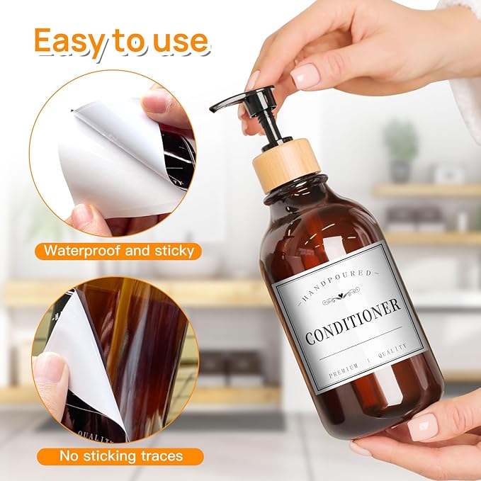 12PCS Bathroom Labels for Bottles,Minimalist Bathroom Organization Labels,Waterproof Bottle Labels for Shampoo Conditioner Body Wash(White)