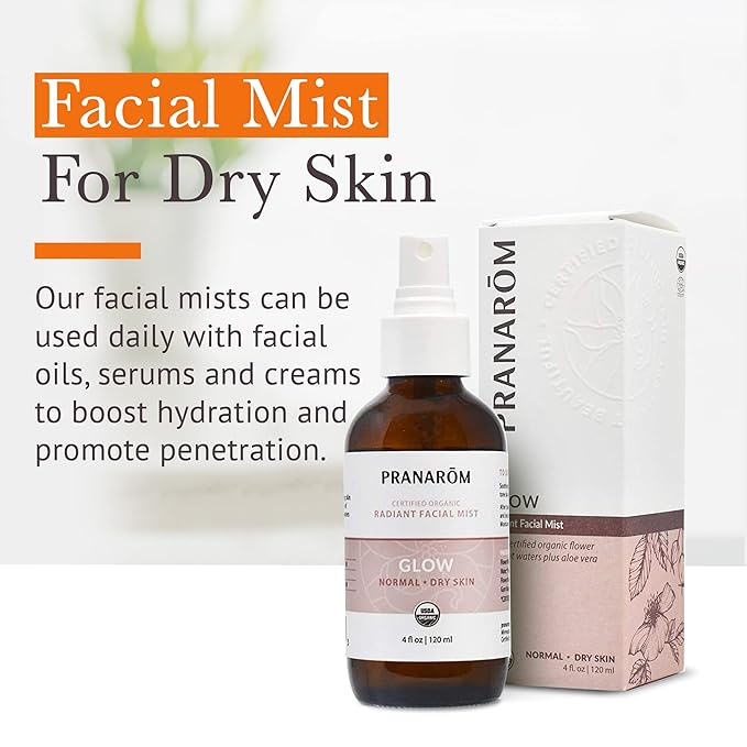 Pranarom Facial Mist (4oz / 120ml) - 100% Pure & Natural Essential Oil Facial Mist for Dry Skin Hydration & Toning (Glow (Dry Skin))