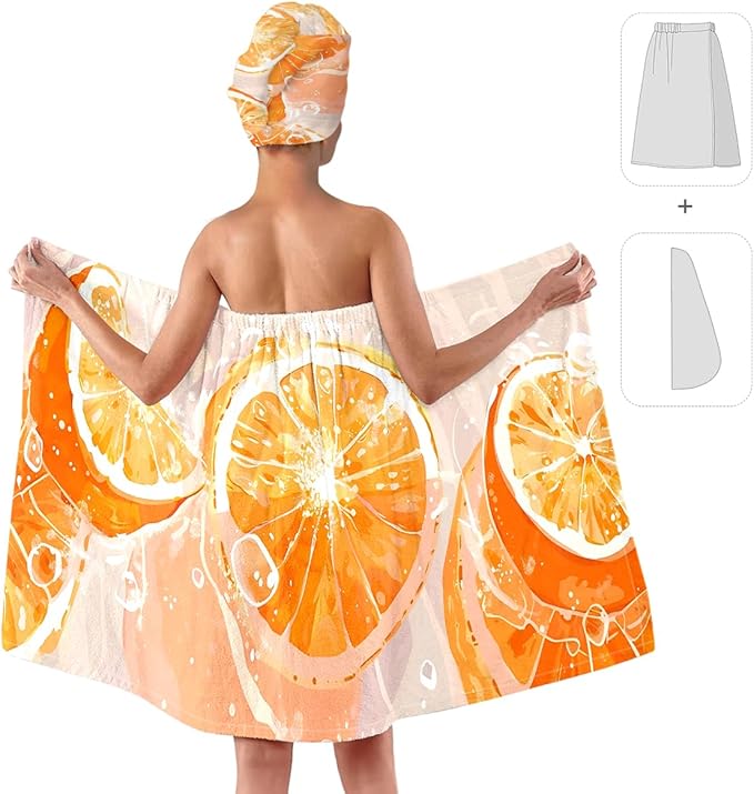 Orange Citrus Bath Wrap and Hair Towel for Women, Quick-Dry Microfiber Towel Skirt with Elastic Band & Matching Hair Turban, Soft Absorbent Spa Shower Wrap for Home Travel Gym (Citrus 3)