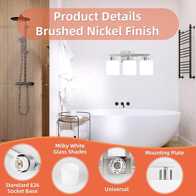 CANMEIJIA 3-Light Bathroom Vanity Light Fixtures with Brushed Nickel, Modern Vanity Lighting for Bedroom Living Room, Vanity Lights with Milky White Glass Shades, E26 Socket, Bulbs Not Included