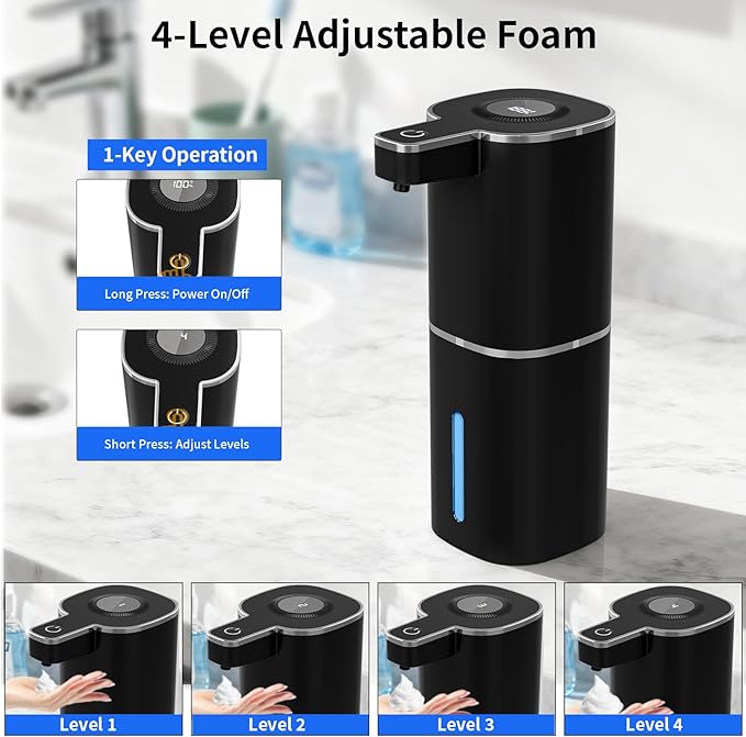 Automatic Foaming Soap Dispenser, Touchless Rechargeable Hand Soap Dispenser, 4 Adjustable Levels, 1200mAh Battery, Large Display, for Kitchen & Bathroom (Black, Foaming)