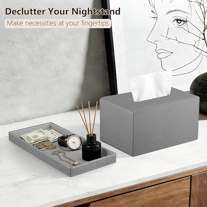 PU Leather Tissue Box Cover Rectangle with Detachable Storage Tray, Fits 230-Count Box Tall Rectangular, Modern Decorative Tissue Box Holder/Organizer for Bathroom, Bedroom Dresser, Night Stand