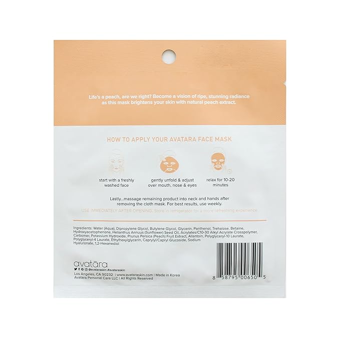 Avatara Juicy Peach Brightening Facial Mask 15 Sheets, Beauty and Skincare Sheet Masks with Peach Extracts, Hyaluronic Acid and Clean Ingredients for Clearer, Brighter Skin With Natural Glow, 15 Pack