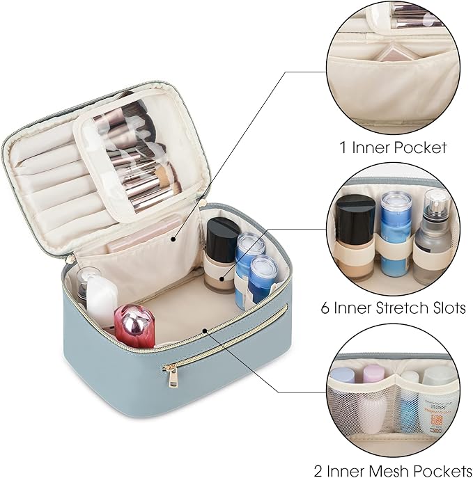 Wandering Nature Makeup Bag, Travel Make Up Organizer Cosmetic Brush Bags Case for Women in Vegan Leather, Grayish Blue, Patent Pending