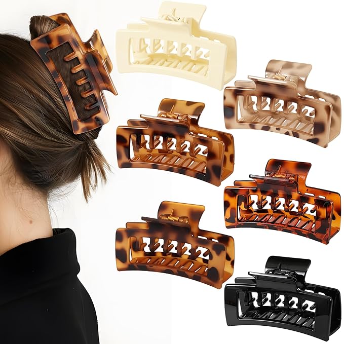 6 PCS 4.1 Inch Large Claw Clips for Thick Hair, Double Layer Teeth Tortoise Shell Rectangle Hair Clips for Hat,Strong Hold Square Big Claw Clip Non Slip Baseball Jaw Clips Hair Accessories