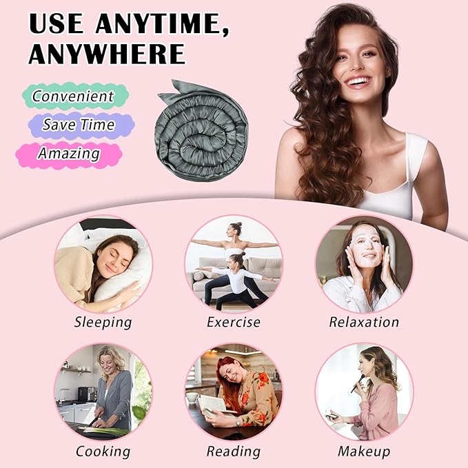 Satin Heatless Curls Overnight Hair Curlers to Sleep In Hair Curler Rollers No Heat Hair Wrap for Curls Headband, 70" Satin Heatless Curling Rod Set for Women Long Waves Hair Volume -Grey 9 PCS