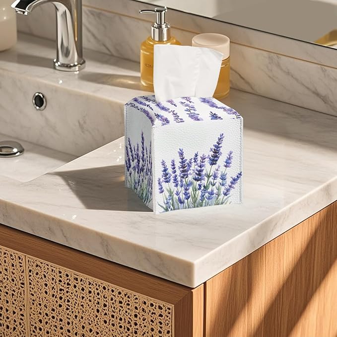 Butterfly Tissue Box Cover Purple Lavender Blossoms Garden Square PU Leather Waterproof Tissue Box Holder for Bathroom Kitchen Bedroom Vanity Countertop Night Stands