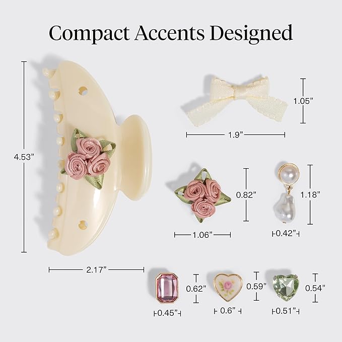 KitschPop ™ Hair Clips For Women with Charm Sets -Customizable Curved Claw Clip With Interchangeable Collectible Cute Charms | Ideal Gifts For Women - Vintage - Pearlized Cream, 7pcs Set