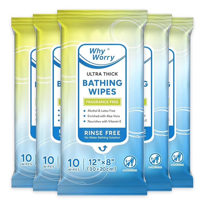 WhyWorry Ultra Thick Bathing Wipes for Adults Rinse Free, Large Body Wipes for Women, Men, Elderly Care & Cleaning, 8" x 12" Disposable Shower Washcloths for Gym & Camping, Unscented, 50 Count