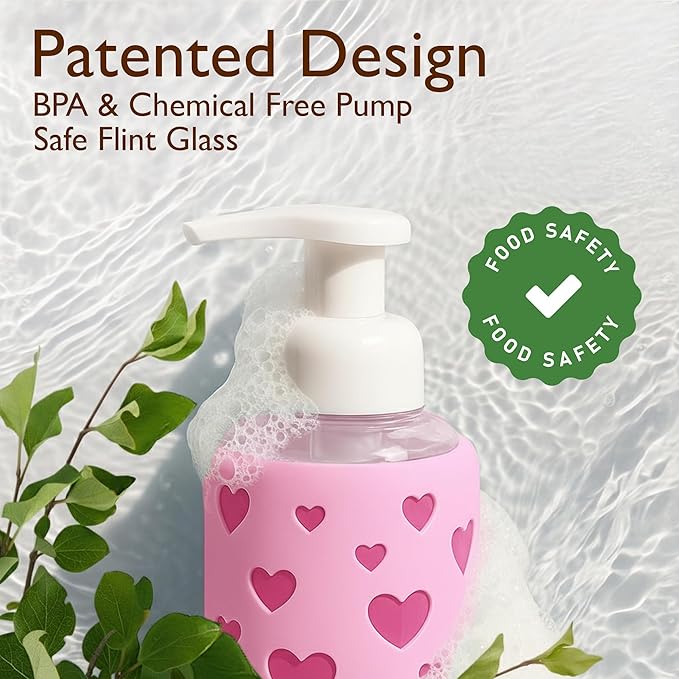 SoCal Suds & Company Foaming Hand Soap Dispenser Glass, Liquid Soap Pump with Heart Silicone Sleeve, Refillable Bottle for Kids, Baby Wash & Shampoo, Ideal for Bathroom & Kitchen Use, Bright Pink, 8oz