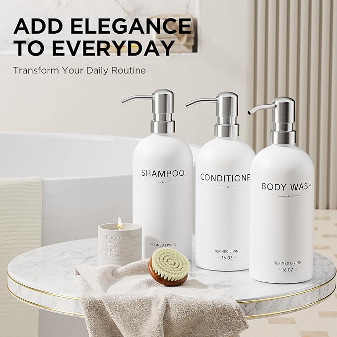 Shampoo and Conditioner Dispenser Set,3 Refillable 16oz Bottles with Stainless Steel Pumps – Shower Soap Dispensers for Bathroom, Hotel or Airbnb (Silver, 3-Pack)