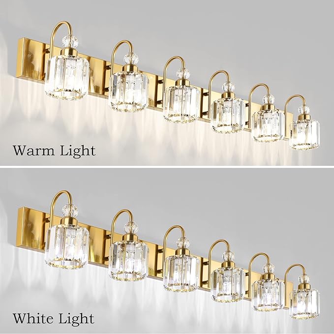 Ralbay Gold Crystal Vanity Lights for Bathroom 6-Lights Brass Gold Crystal Bathroom Vanity Lights Over Long Mirror Modern Crystal Bathroom Wall Lighting Fixtures